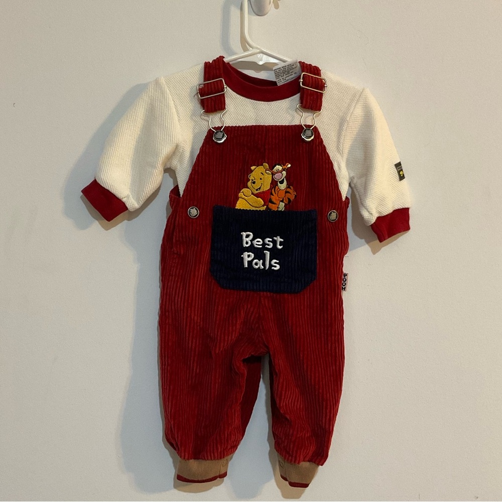VTG Y2K Winnie The Pooh Disney Corduroy Overalls Set 90s 6-9 M Red Embroidered